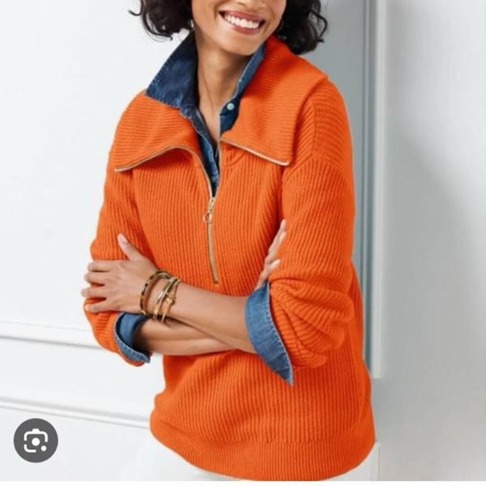 Talbots Zip Collar Sweater in Harvest Pumpkin Size M Casual Chic Modern Classic